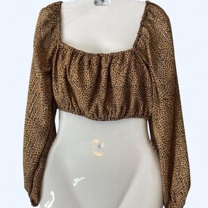 Brown leopard print cropped long sleeve top with tie bow XL Japra